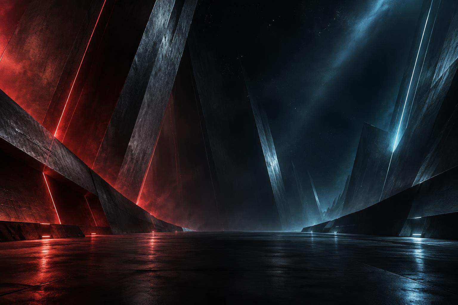 Original abstract gunmetal architecture lit by crimson and electric blue light